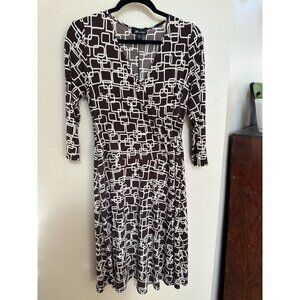 AB Studio Womens Brown & White Geometric Print A-Line Dress Medium 3/4 Sleeves